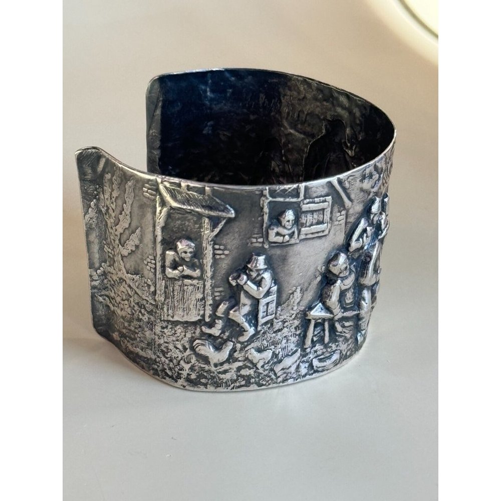 Vintage Denmark Repousse Story Scene Hans Jensen Silverplate Wide Cuff Bracelet - Picture 3 of 9